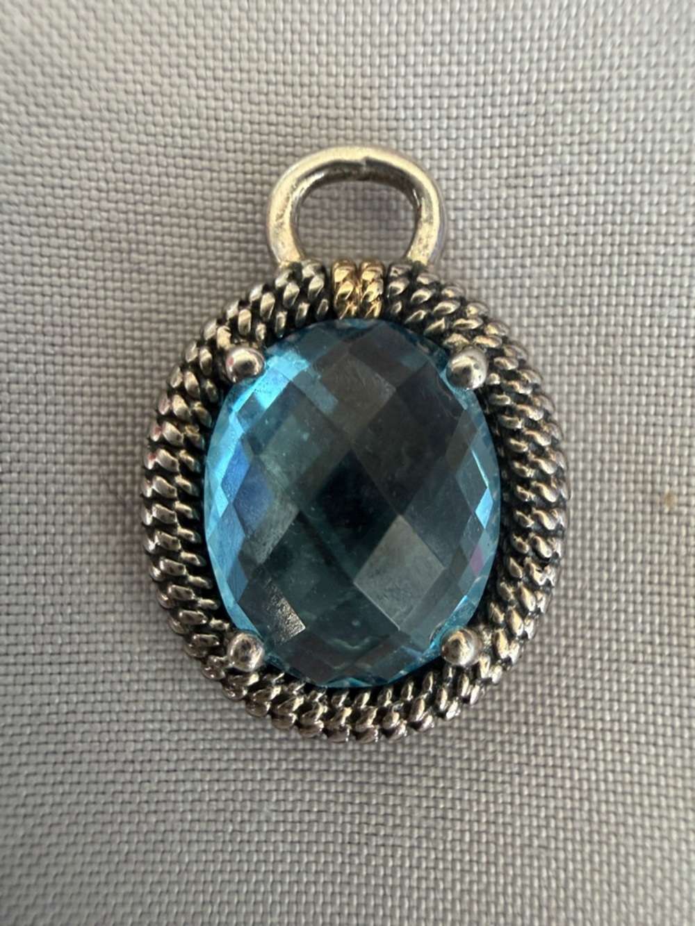 Blue Topaz Vintage M/C 925 Sterling Silver 14K Gold Statement Gemstone Pendant